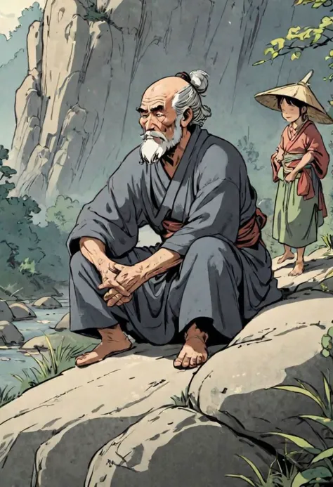 an old man sitting on a rock next to a river