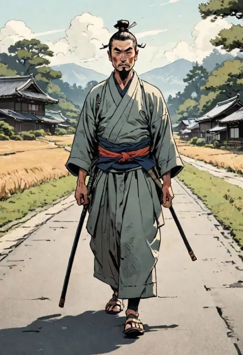 a man in a kimono walking down a road with a cane