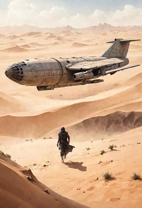 watercolor illustration of a spice smuggler freighter landing in the desert of Arrakis