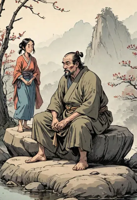 comics, flat inking, thick outline, illustration of an old ronin man sitting on a smooth rock, looking with scrutiny at a ((walking) peasant girl:1.5) passing by, edo era, smirky smuggish expression, morning time