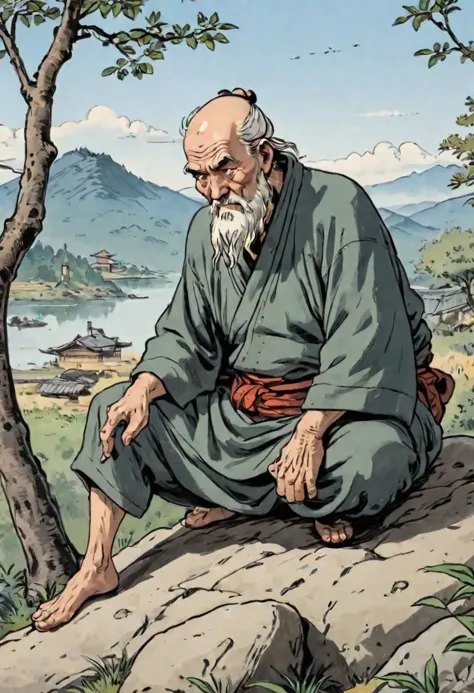 an old man sitting on a rock in the woods