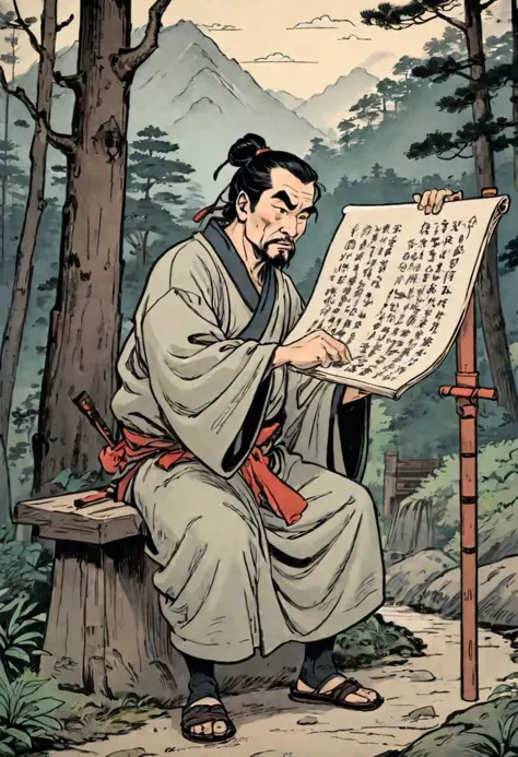 a man sitting on a bench reading a large scroll in a forest