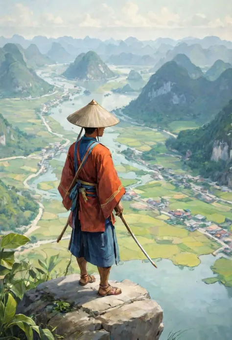 painting of a man standing on a cliff overlooking a valley