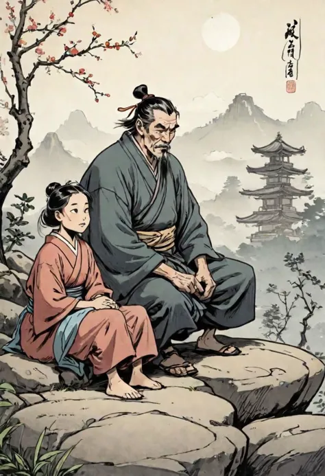 a man and a woman sitting on a rock near a tree