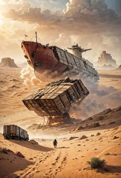 a painting of a ship floating in the air over a desert