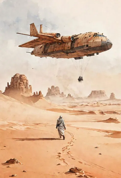 watercolor illustration of a spice smuggler freighter landing in the desert of Arrakis