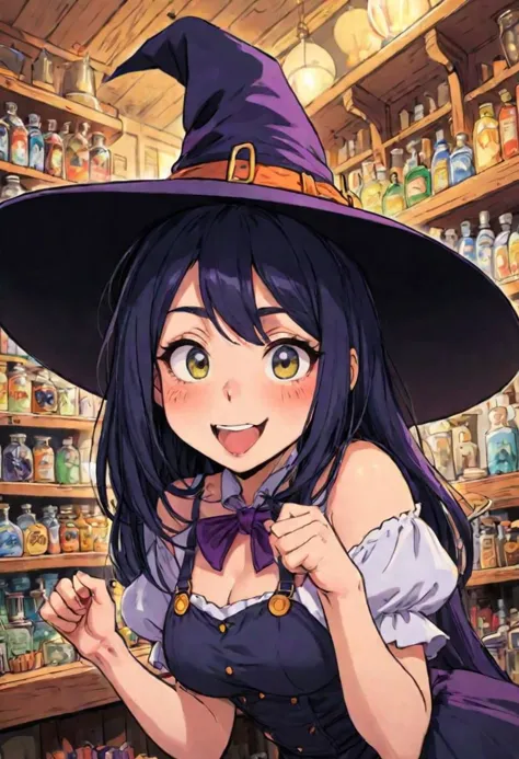 a close up of a woman in a witch hat in a store