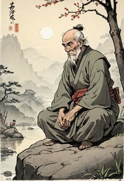 comics, flat inking, thick outline, illustration of an old ronin man sitting on a smooth rock, looking with envy at a peasant girl passing by, edo era, smirky smuggish expression, morning time