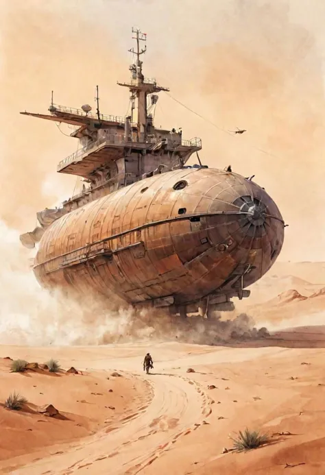 watercolor illustration of a spice smuggler freighter landing in the desert of Arrakis