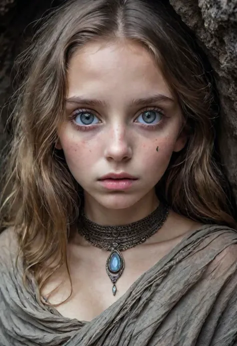 a young girl with blue eyes and a necklace on her neck