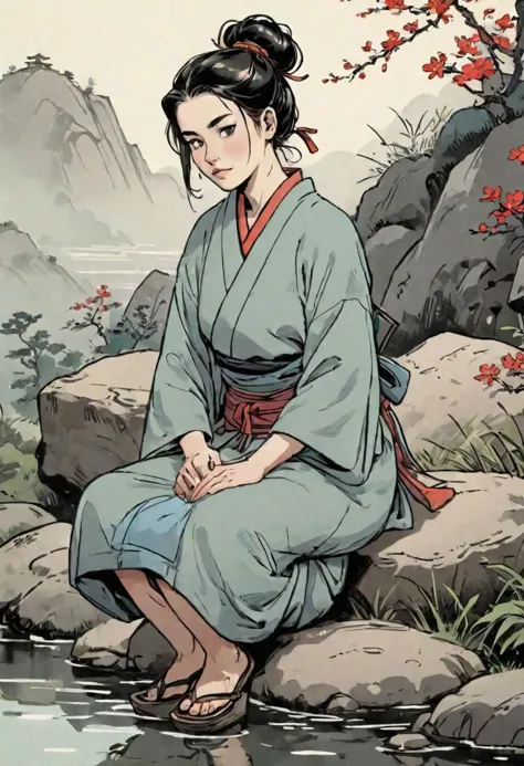 comics, flat inking, thick outline, illustration of a ronin sitting on a smooth rock, looking with envy at a peasant girl passing by, edo era, smirky smuggish expression, morning time