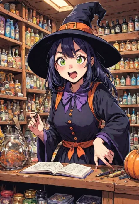 witch in a witch's hat with a book and a pumpkin