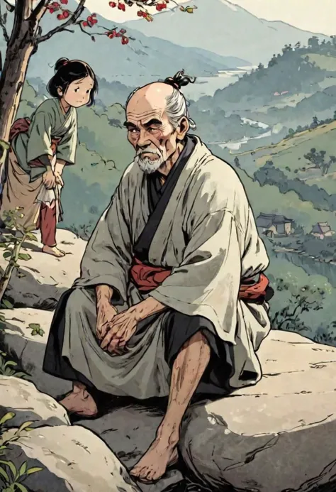 comics, flat inking, thick outline, illustration of an old ronin man sitting on a smooth rock, looking with scrutiny at a (walking peasant girl:1.4) passing by, edo era, smirky smuggish expression, morning time