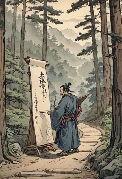 comics, flat inking, thick outline, illustration of a ronin reading a scroll pinned on a wood panel, along a path in moutain forest, edo era, smug defiant expression, evening time