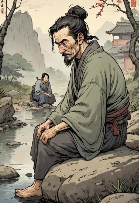 a man sitting on a rock next to a river with a man sitting on the rocks