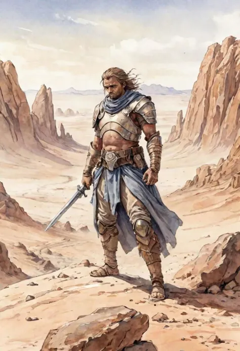 watercolor illustration of fremen warrior scruting the horizon in the rocky desert of Arrakis