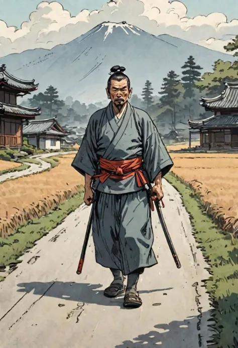 a cartoon of a man walking down a path with a samurai stick