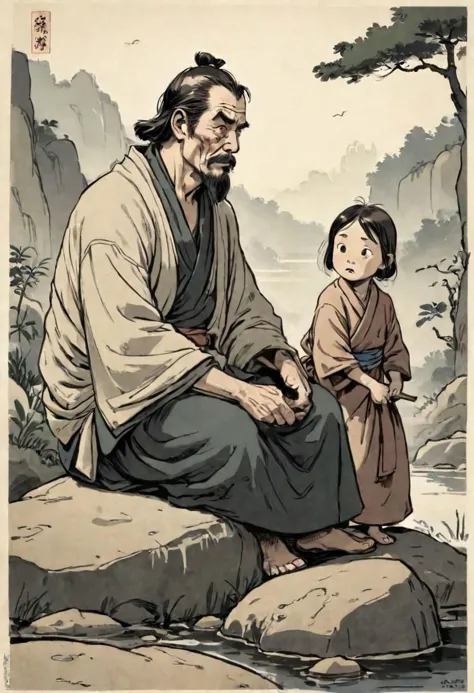 a painting of a man and a child sitting on a rock