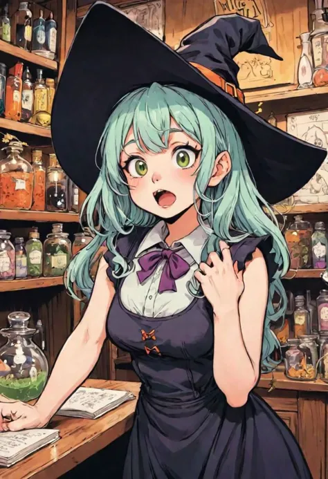 a woman in a witch costume standing in front of a counter