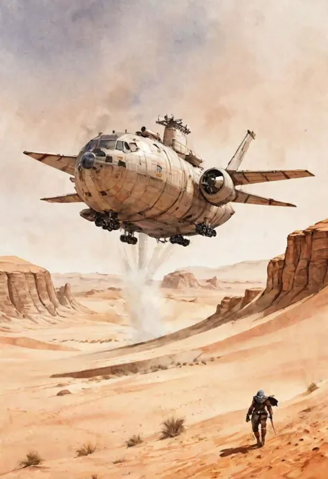 watercolor illustration of a spice smuggler freighter landing in the desert of Arrakis