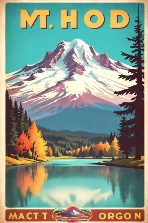 "Mt Hood Oregon", poster, retro style, vintage style, colorful,