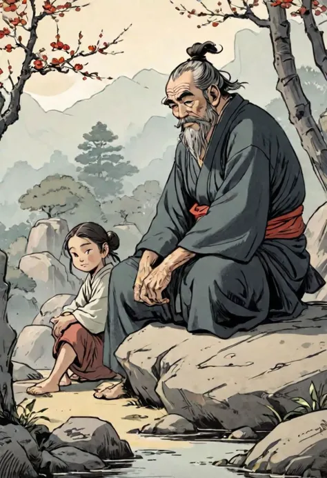 a cartoon of a man sitting on a rock next to a little girl