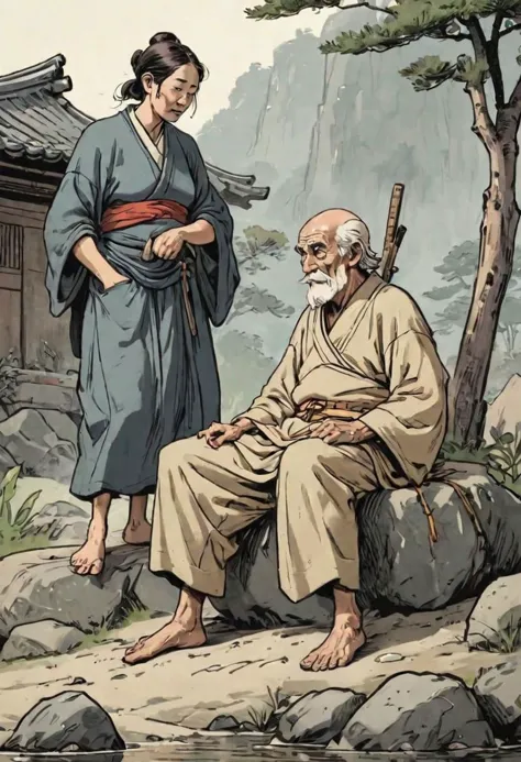 comics, flat inking, thick outline, illustration of an old ronin man sitting on a smooth rock, looking with scrutiny at a ((walking) peasant girl:1.5) passing by, edo era, smirky smuggish expression, morning time