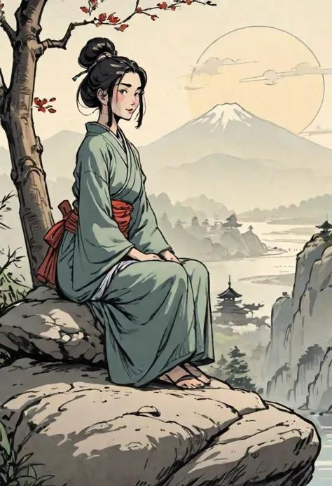 a woman sitting on a rock in front of a mountain