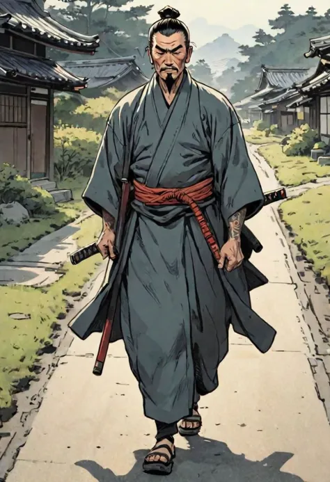 comics, flat inking, thick outline, illustration of a ronin walking selfconfident on a paved road in the countryside, edo era, smug defiant expression, dynamic walk