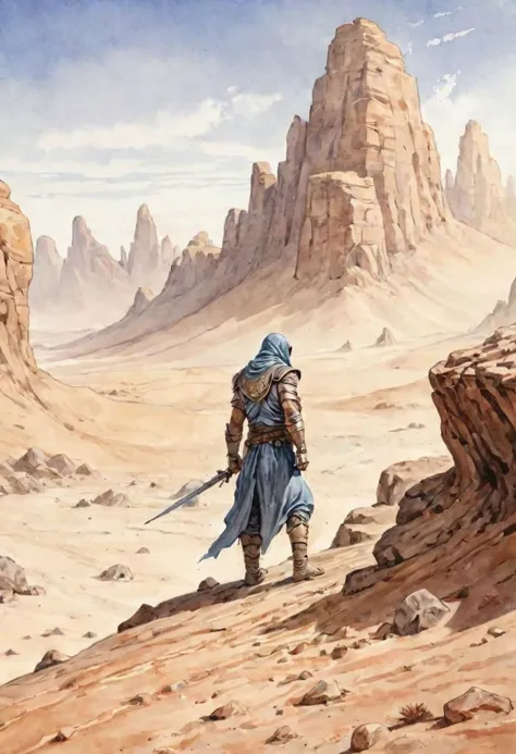 a painting of a man in a blue robe walking through a desert