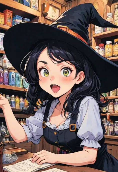 witch girl in a black hat reading a book in a store