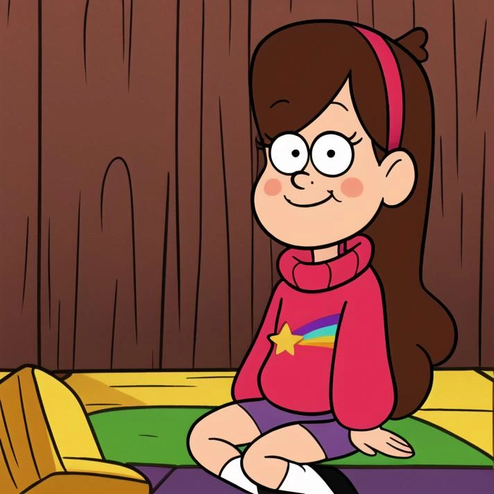 masterpiece,best quality,Mabel,1girl,style parody,official style ,solo,full body,sitting,long hair,red sweater,brown hair,black eyes,pink hairband ,purple skirt,rainbow,star \(symbol\),smile ,blush stickers ,white socks