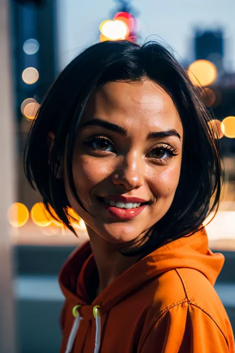 jadechan, short black hair, brown eyes, orange hoodie, looking at viewer, smiling, close up, outside, cityscape, night time, bokeh, high quality, masterpiece, <lora:Jade:.8>