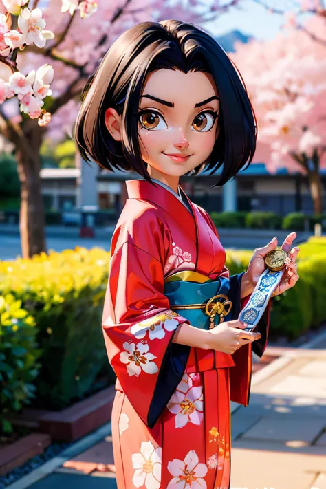 jadechan, short black hair, brown eyes, traditional kimono, sash, rolled sleeves, looking at viewer, serious, smiling, standing, holding coin, outside, garden, cherry blossom, dusk, mountain, high quality, masterpiece,  <lora:Jade:.8>