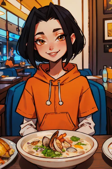 anime girl sitting at a table with a plate of food