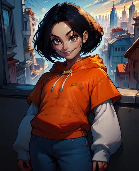 a woman in an orange hoodie standing on a ledge