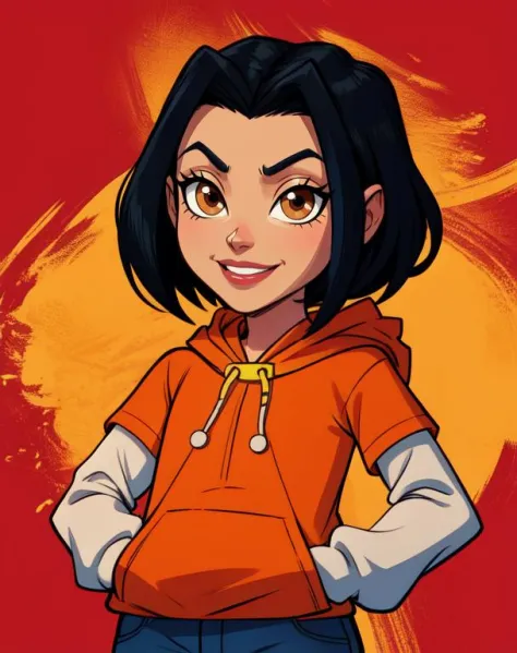 jadechan, short black hair, brown eyes, hands in pockets, upper body, smiling, JaOran, orange short sleeved hoodie, white long s...