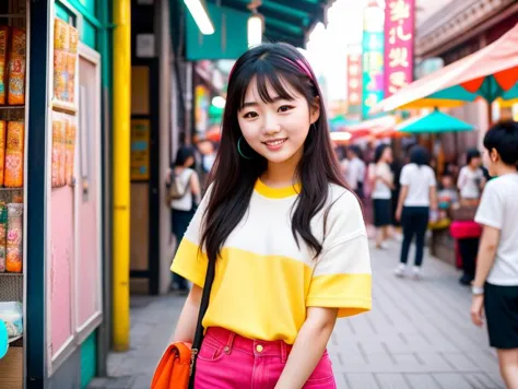 Vibrant Korean girl, radiating youthful energy and joy, exploring a colorful street market filled with street food and vibrant t...
