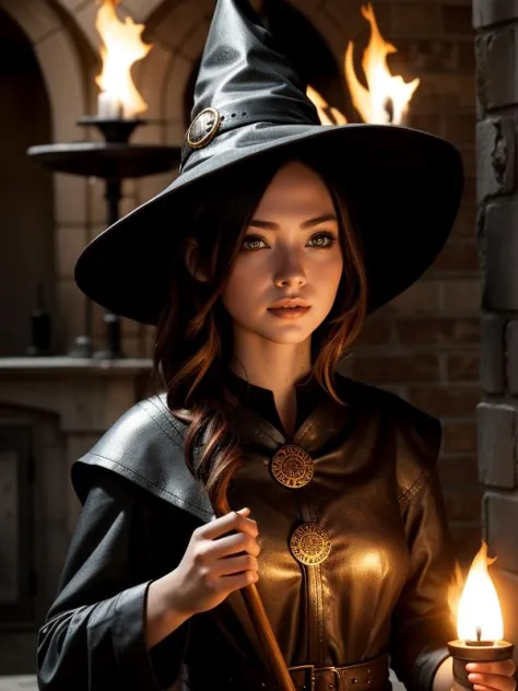 1girl, flame mage, witch, realistic lighting