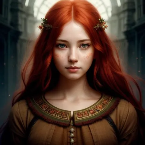 Super detailed portrait of a Red headed Woman with two soft warm identical symmetrical eyes by jean-baptiste monge and ross tran...