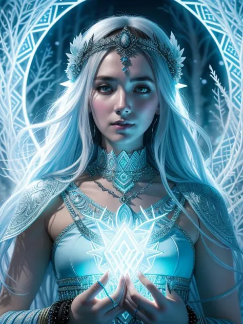 Beautiful goddess of ice, wearing a circlet of smoke, frost magic, intricately designed gothic, glim light, style of Alex grey, ...