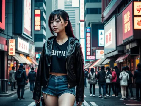 Asian girl in a cyberpunk suburb