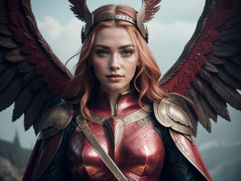 Epic close-up portrait of a beautiful valkyrie, red cape with wings, intricate details, dark metal armour, atmospheric, cinemati...
