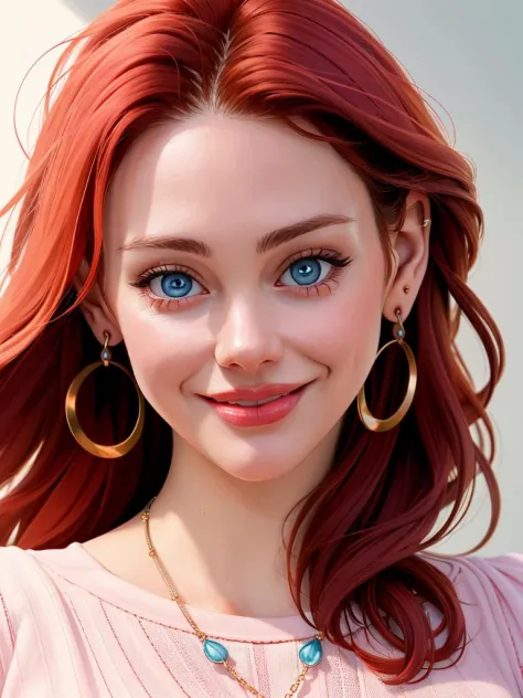 Foto realista de uma linda mulher m41tl4ndw,  1 garota, Sozinho, cabelo longo, Olhando para o visualizador, sorriso, olhos azuis, joia, cabelo vermelho, Brincos, colar, lábios, Retrato, realista, iluminação suave, fotografia profissional, Photorealista, detalhado, CRU, analógico, foco nitído, 8K, alta definição, alta qualidade, obra de arte