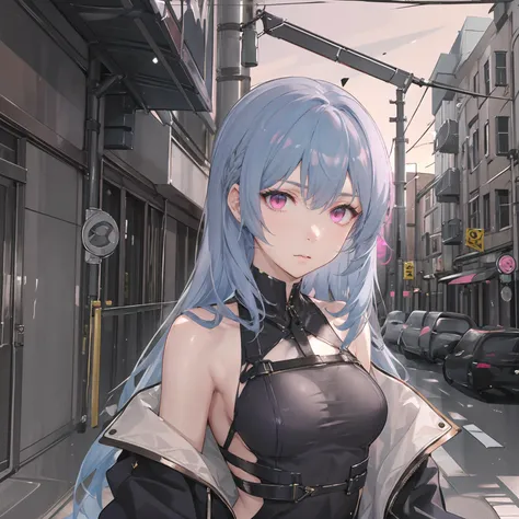 best quality,ultra high res,1girl,solo,(upper body:1.2),sky,city,street,
blue hair,(pink eyes:0.5),fashion,off shoulder,oversized coat,