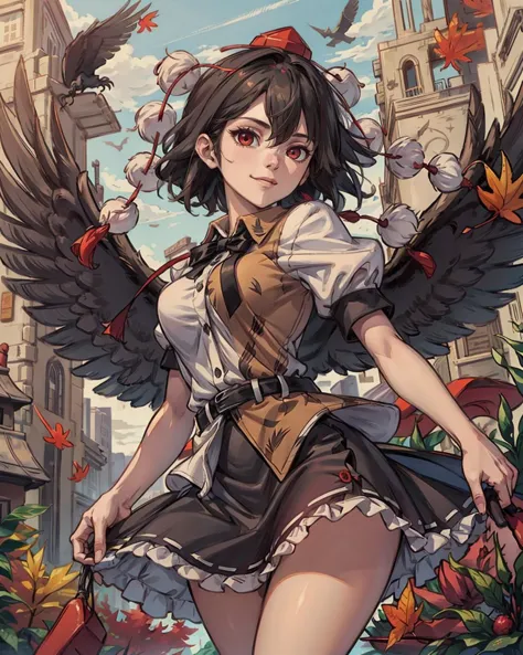 a woman in a dress with wings and a bird on her shoulder