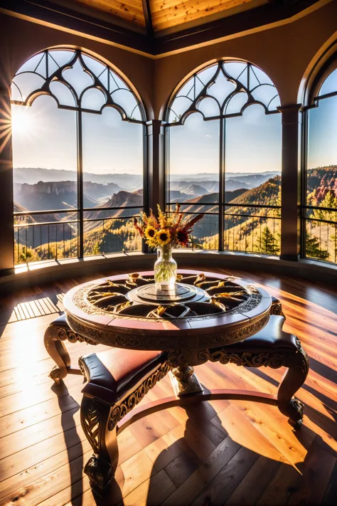 a view of a table with a vase of flowers on it in front of a window