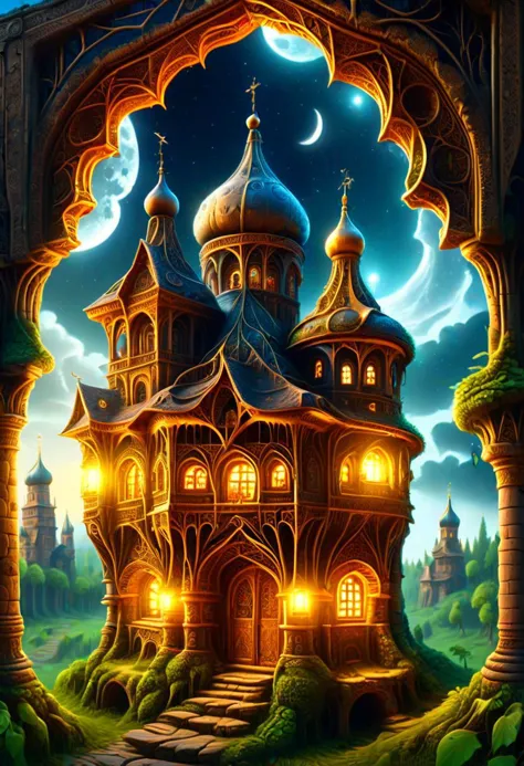 a painting of a castle with a clock tower and a moon