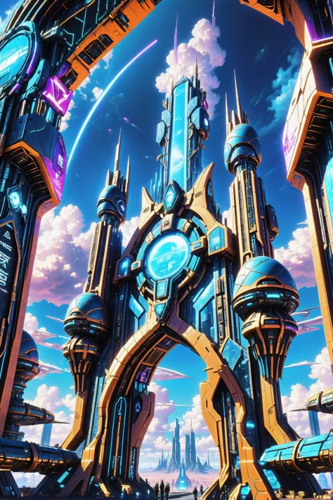 a futuristic city with a clock tower and a futuristic sky