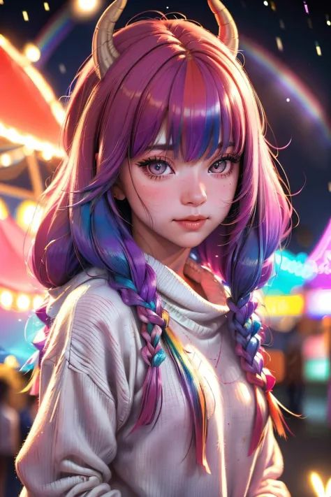 realistic photo portrait of a beautiful girl with long rainbow hair, bangs, at a carnival at night, wearing a sweater, (depth of field, bokeh:1.2) (score_9, score_8_up, score_7_up, 4k) <lora:AuraFrieren:1>